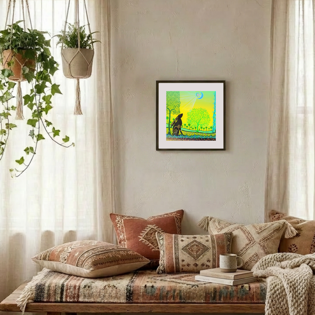 Cozy living room with a wooden bench, patterned cushions, and a framed moon gazing hare artwork on the wall.