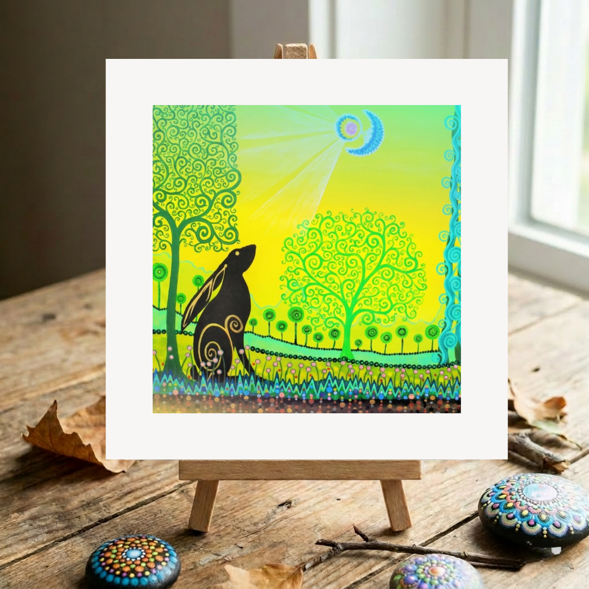 Colourful artwork of a moon gazing hare and trees on a wooden surface with stones and leaves.