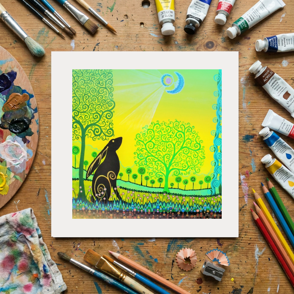 Colourful artwork of a rabbit and trees on a wooden surface with art supplies.