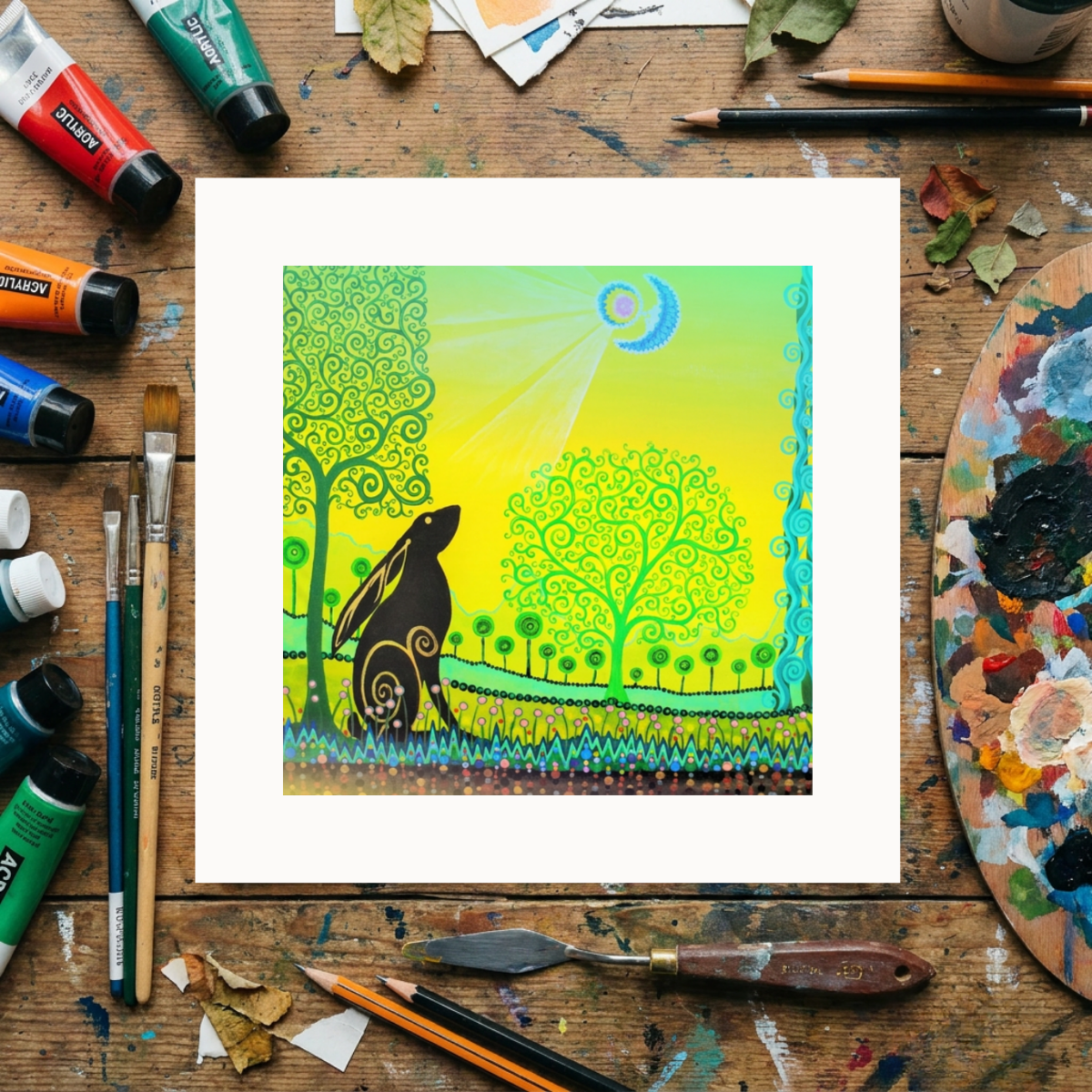 Colourful artwork of a tree and hare on a wooden surface with art supplies.