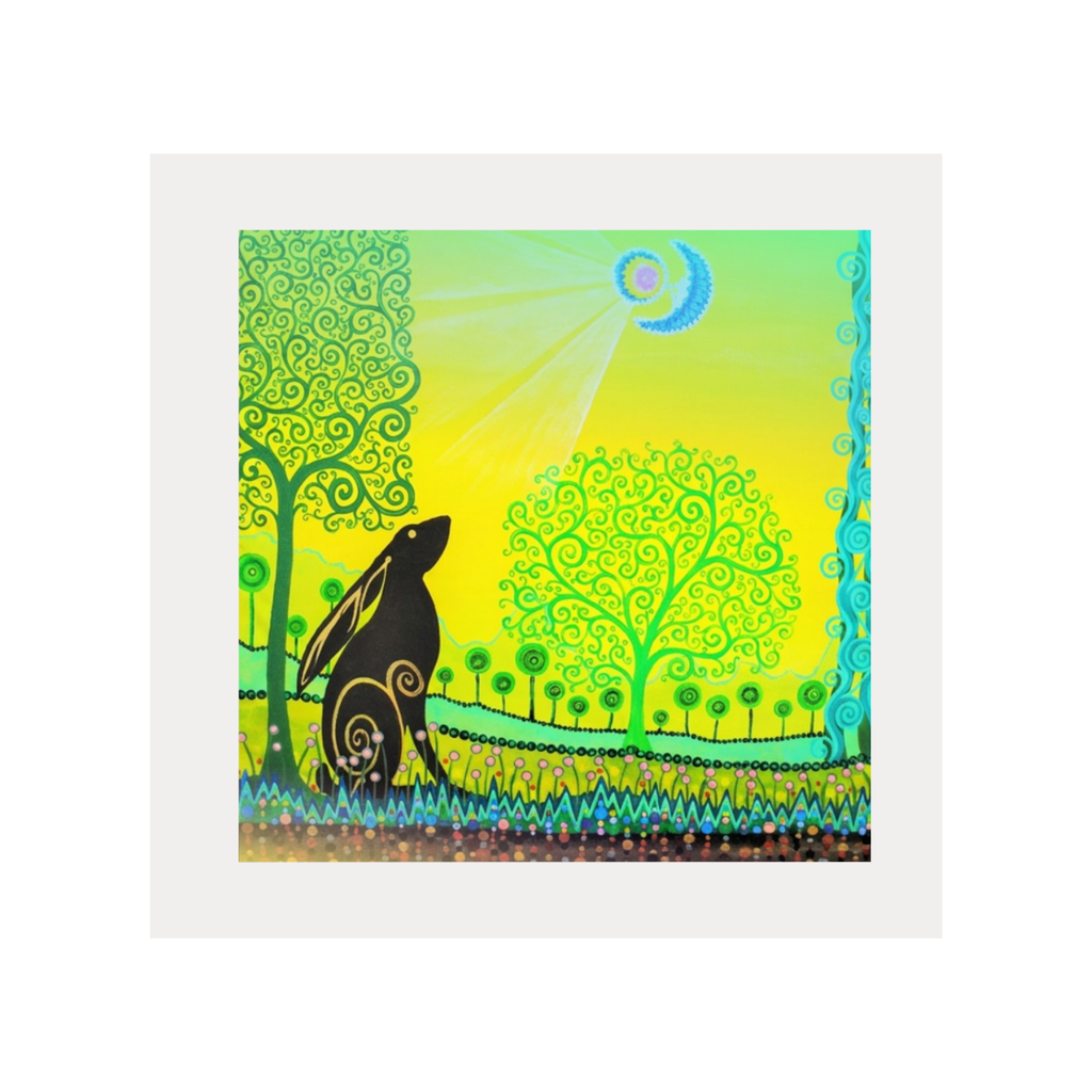Artistic depiction of a rabbit and trees with a stylized sun and moon on a yellow background.