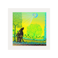 Artistic depiction of a rabbit and trees with a stylized sun and moon on a yellow background.