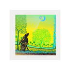 Artistic depiction of a rabbit and trees with a stylized sun and moon on a yellow background.