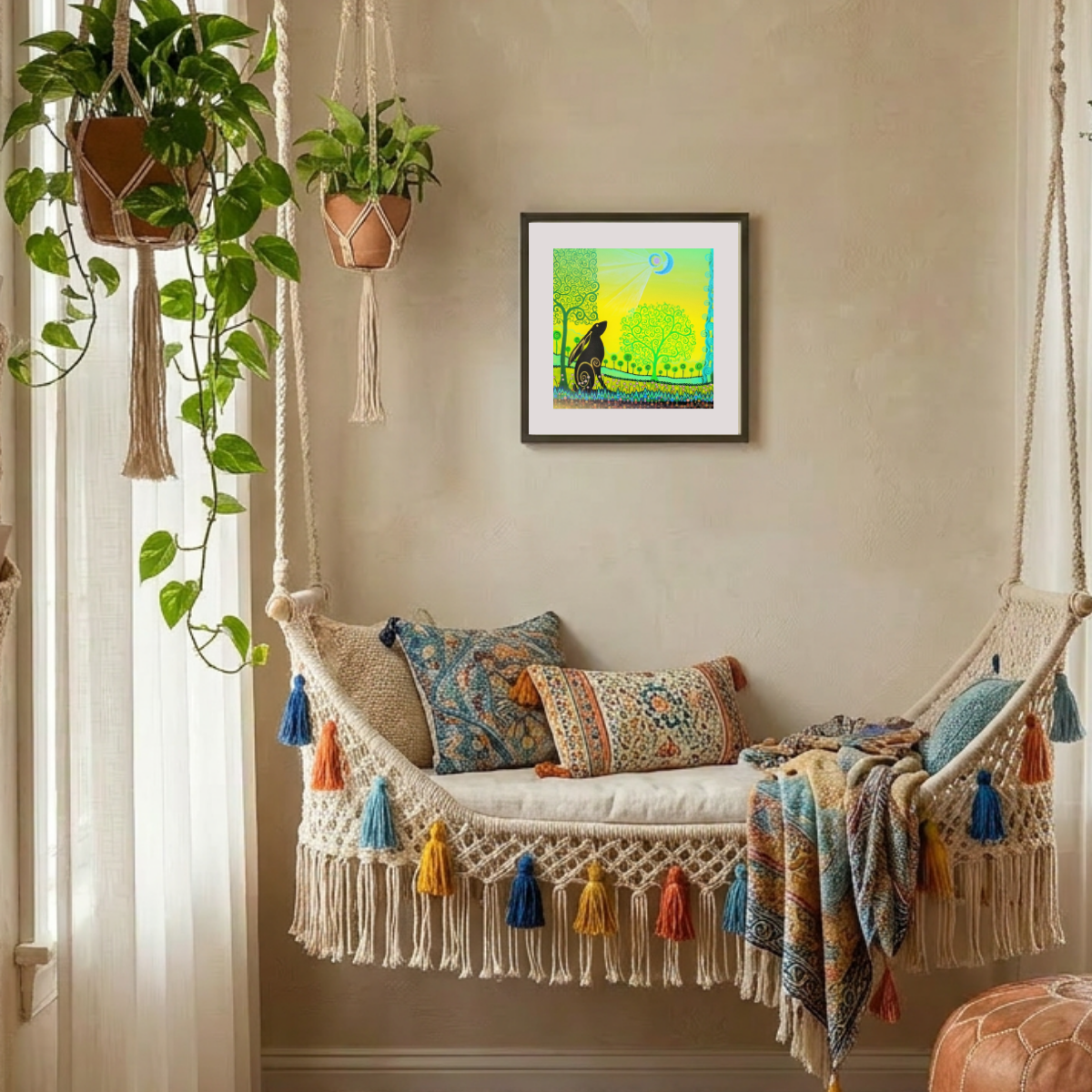 Decorative indoor swing with colourful pillows and a framed picture on the wall.