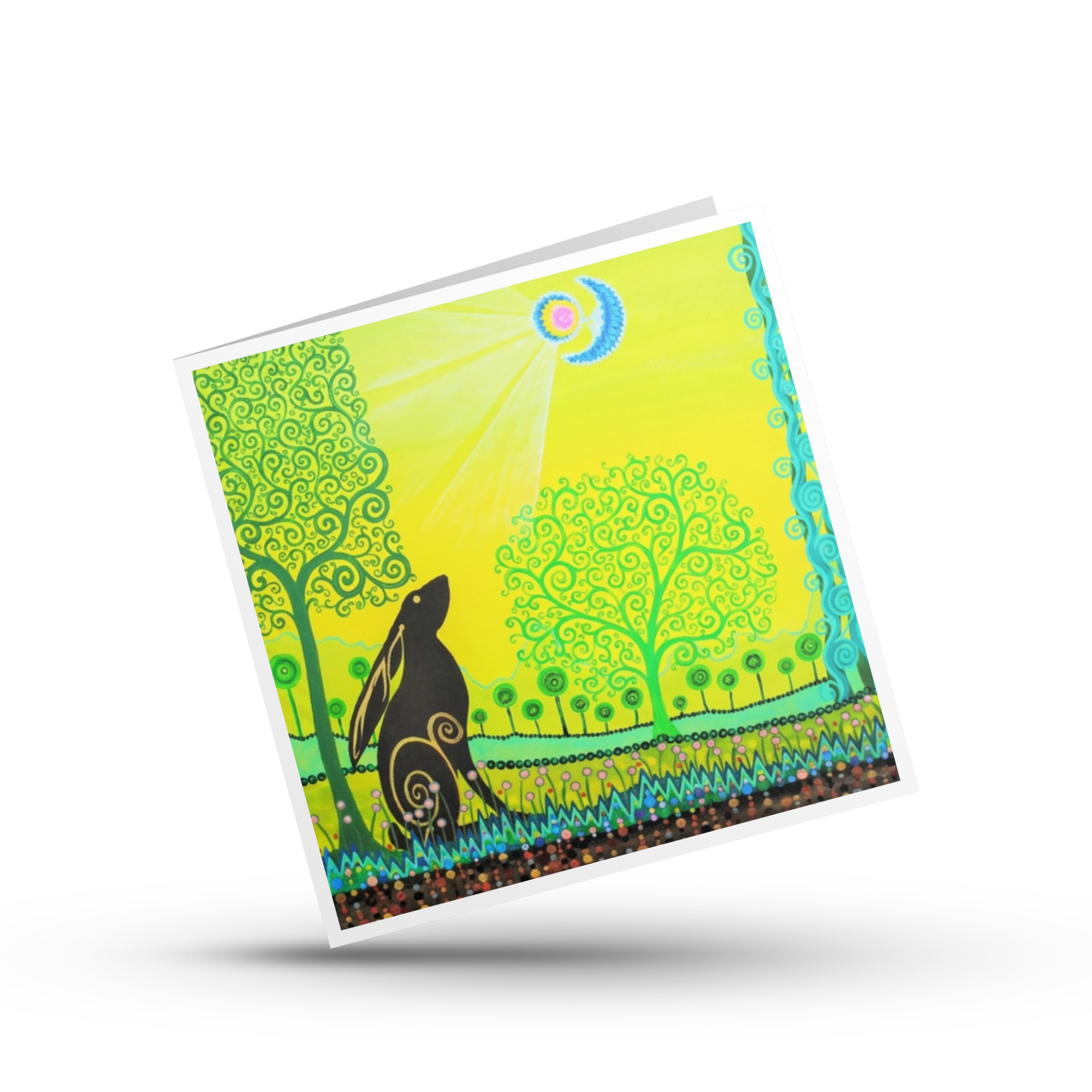Moon Gazing Hare Greeting card with spiral trees and stylized background by Mark Betson Artist