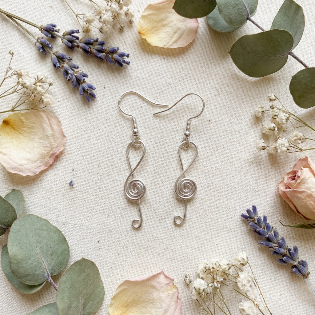 Silver spiral music earrings on a textured surface with flowers and leaves.