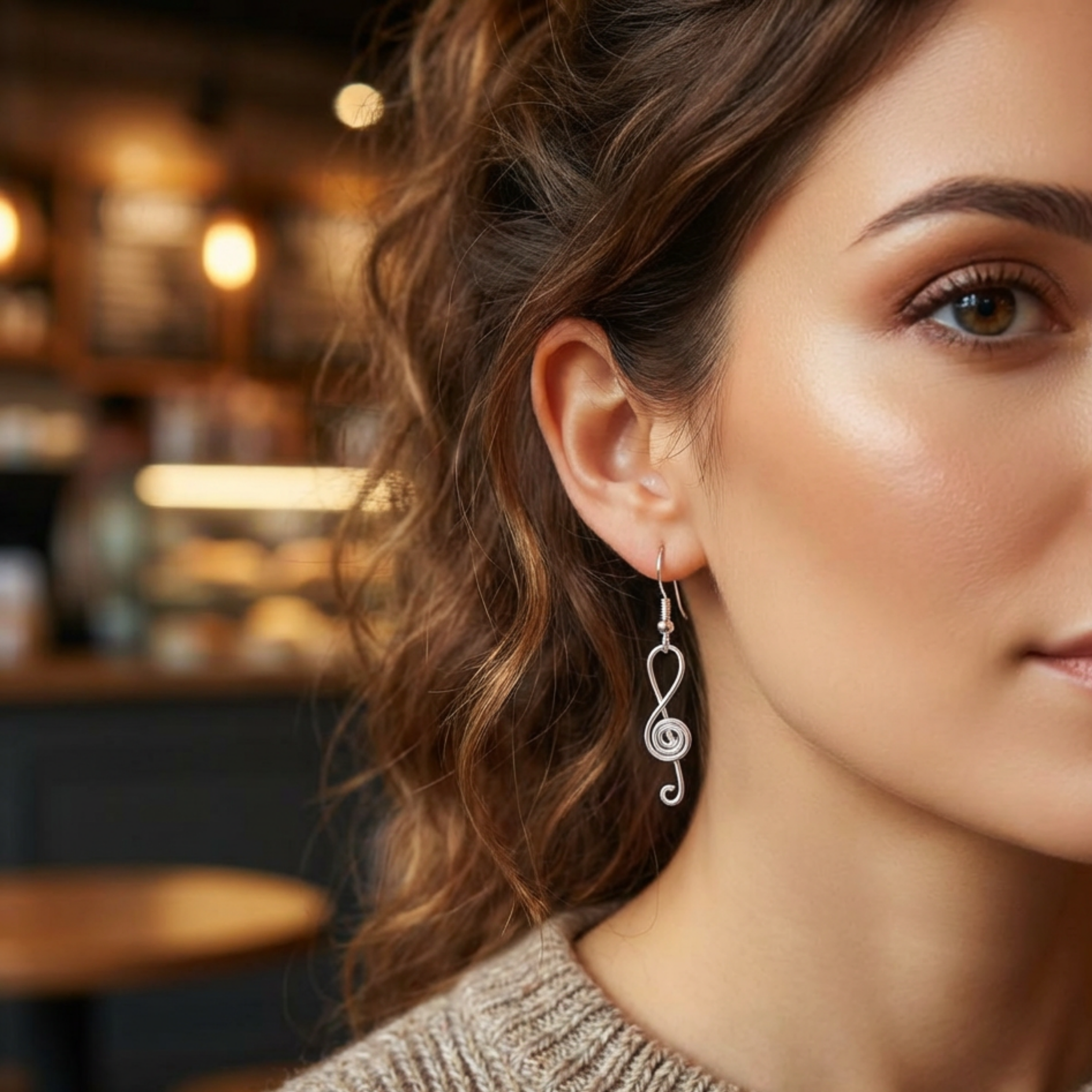 Close-up of a woman wearing silver music inspired earrings with a blurred background