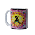 Mug with yoga design featuring a person in a meditative pose and Om symbol on a colourful background.