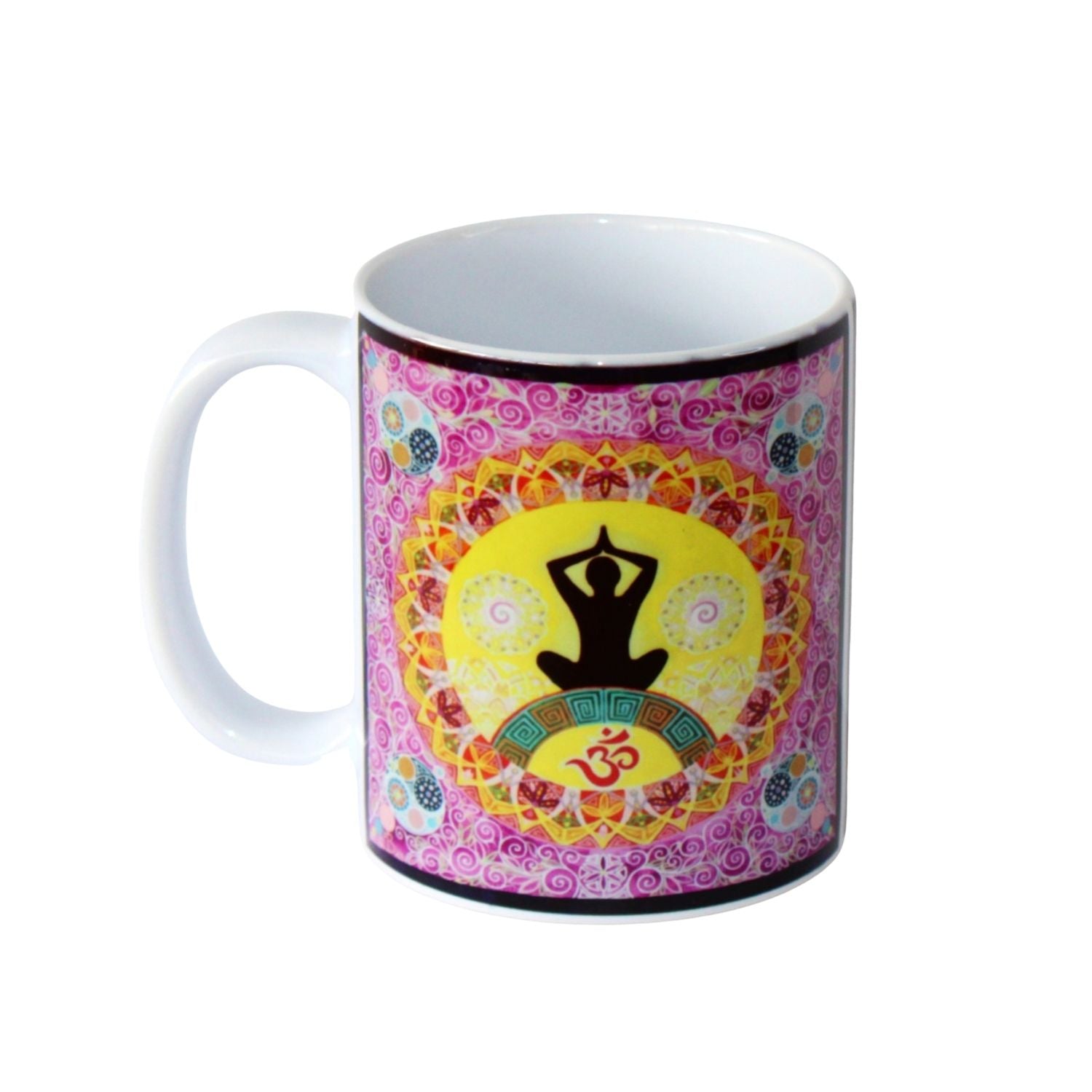 Mug with yoga design featuring a silhouette of a person in a meditative pose on a colourful background.