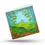 Colourful greeting card with a Glastonbury Tor landscape design featuring a tower on a hill. By Mark Betson Artist