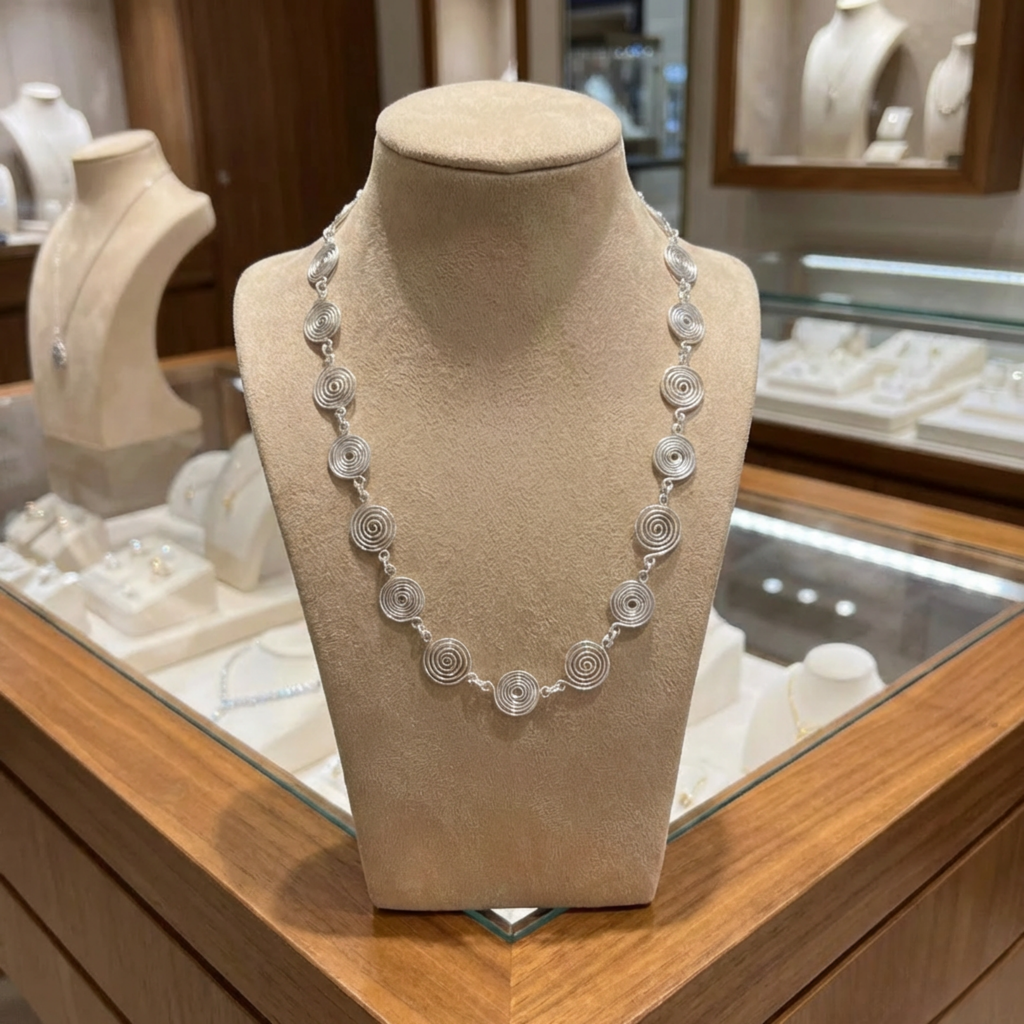 Silver Spiral necklace on a mannequin bust in a jewellery store setting