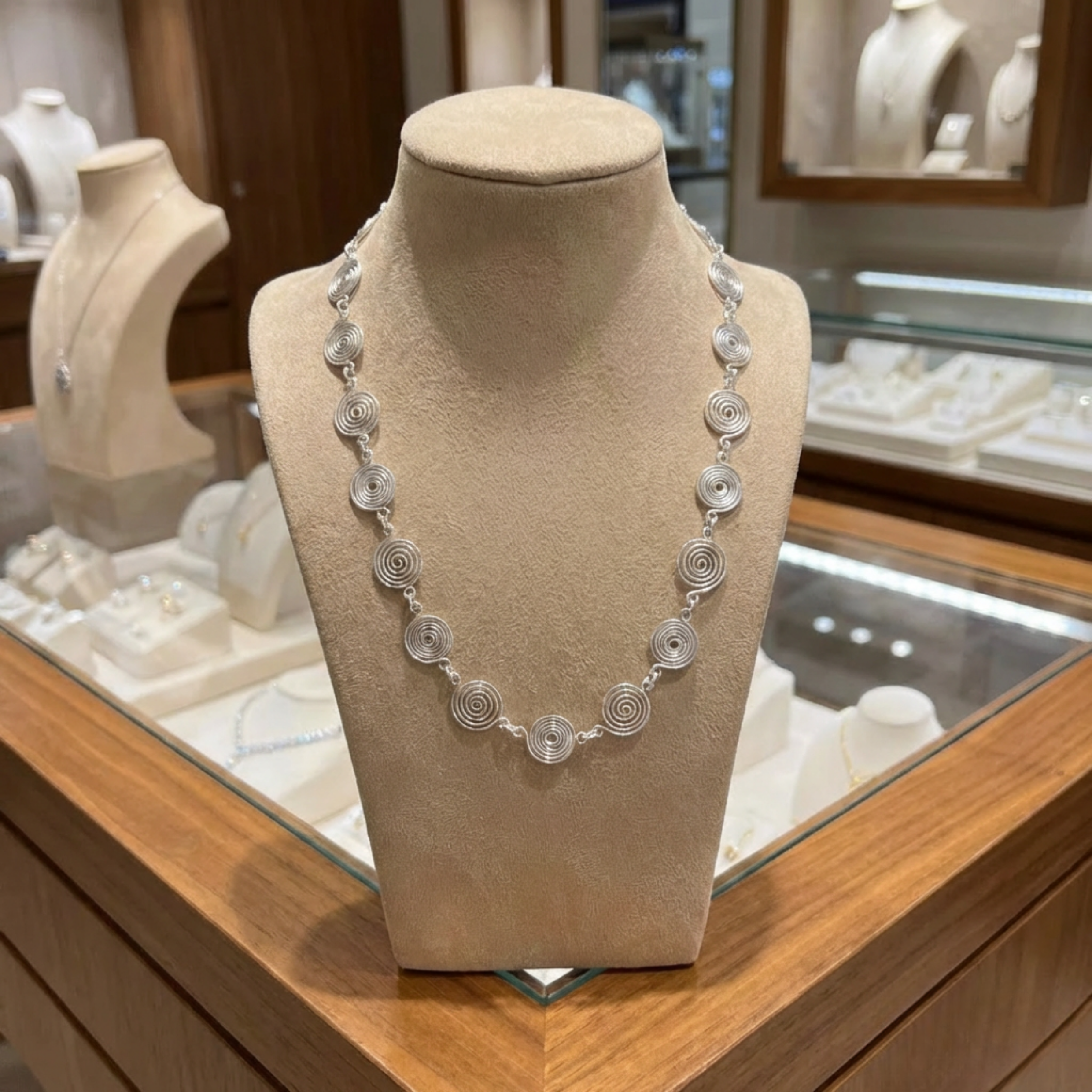 Silver Spiral necklace on a mannequin bust in a jewellery store setting
