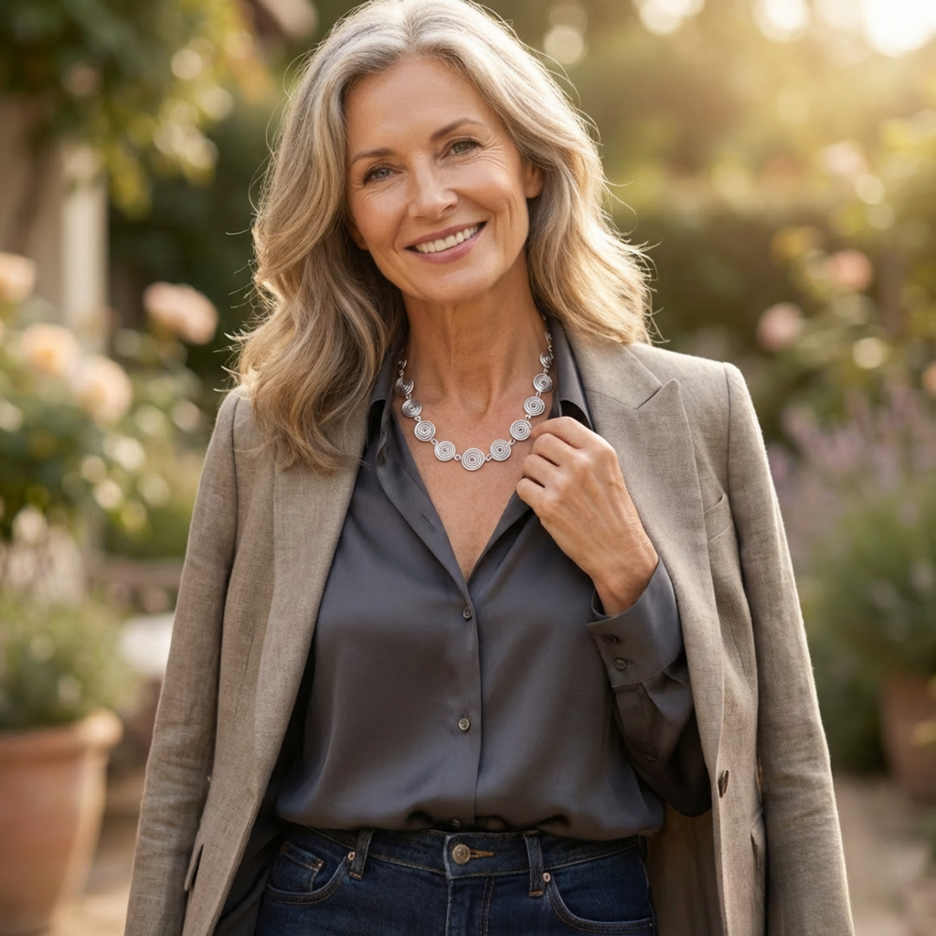 Woman standing outdoors with a blurred garden background wearing a silver spiral necklace