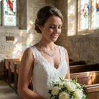 Woman in a wedding dress holding a bouquet in a church setting wearing a statement silver spiral necklace