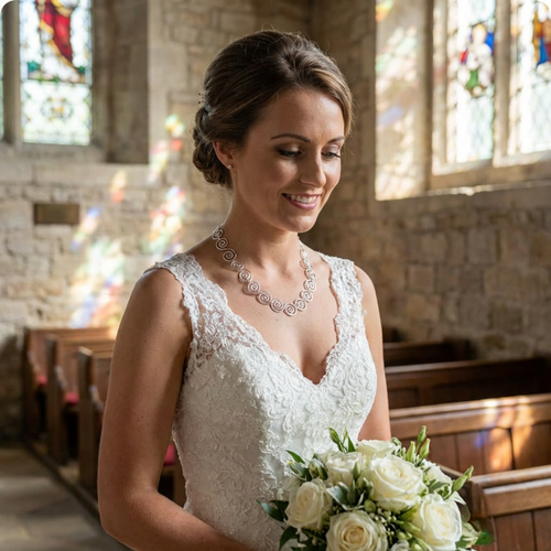 Woman in a wedding dress holding a bouquet in a church setting wearing a statement silver spiral necklace