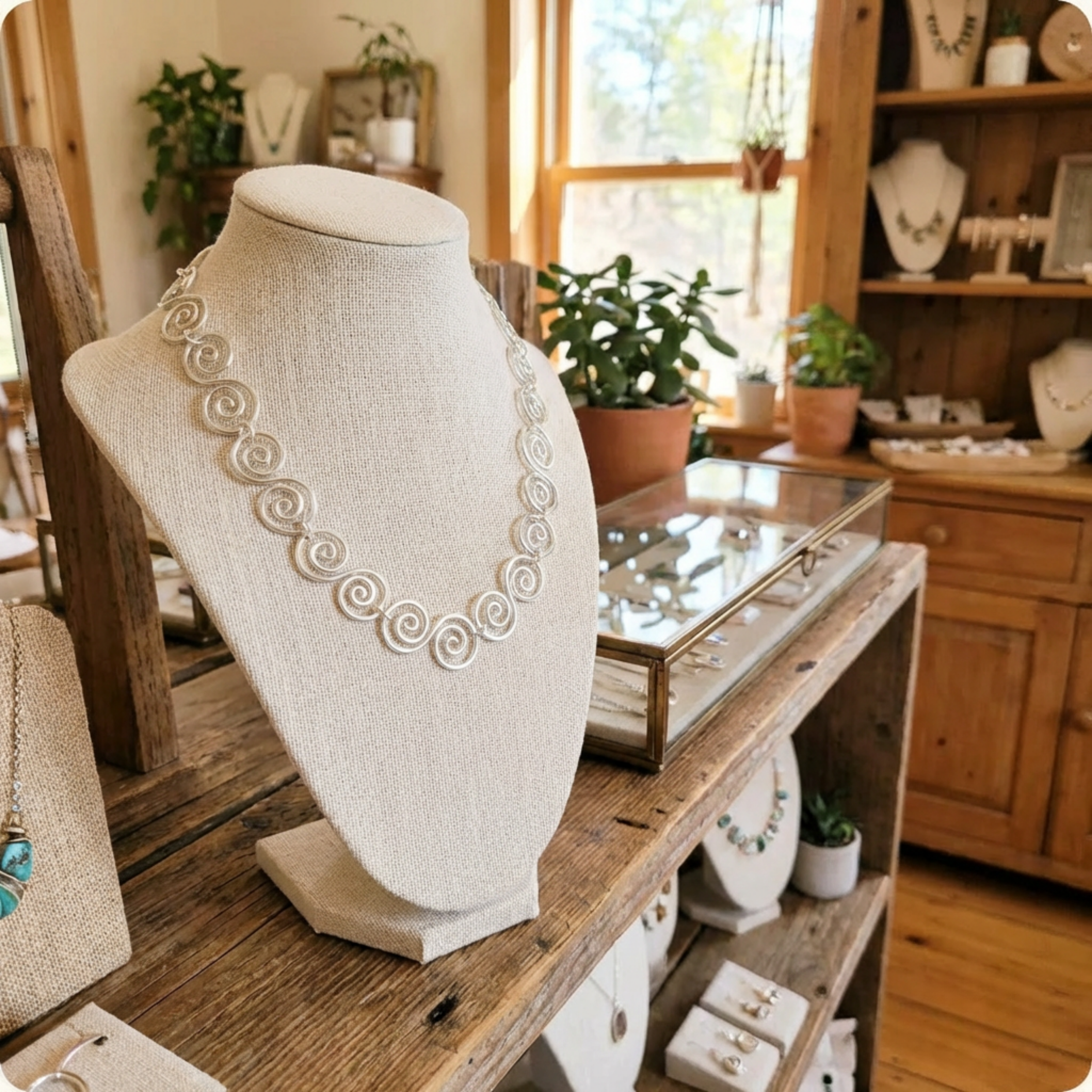Necklace on a mannequin bust in a jewelry store setting with wooden shelves and plants.