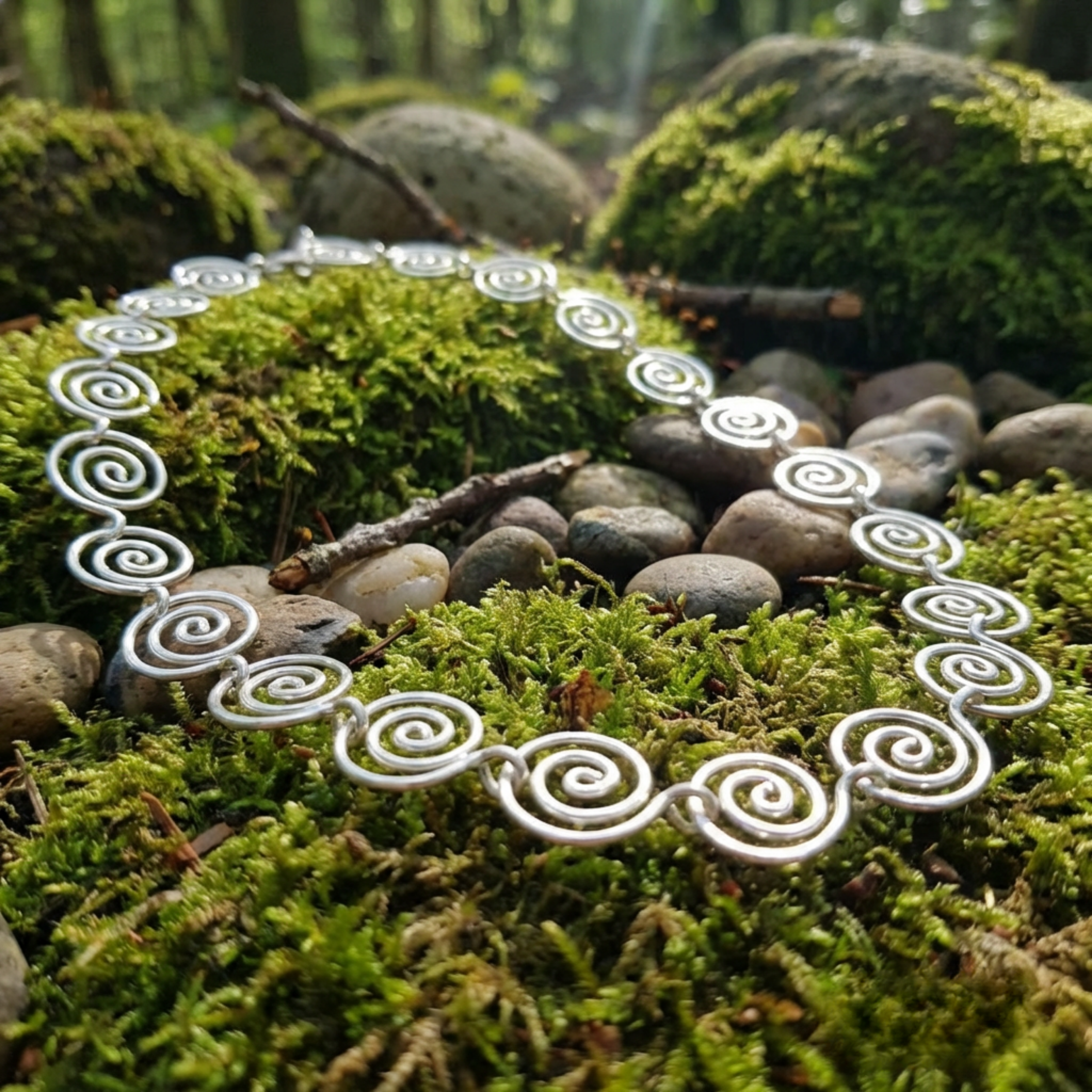 Silver spiral necklace on a bed of moss and stones in a forest setting