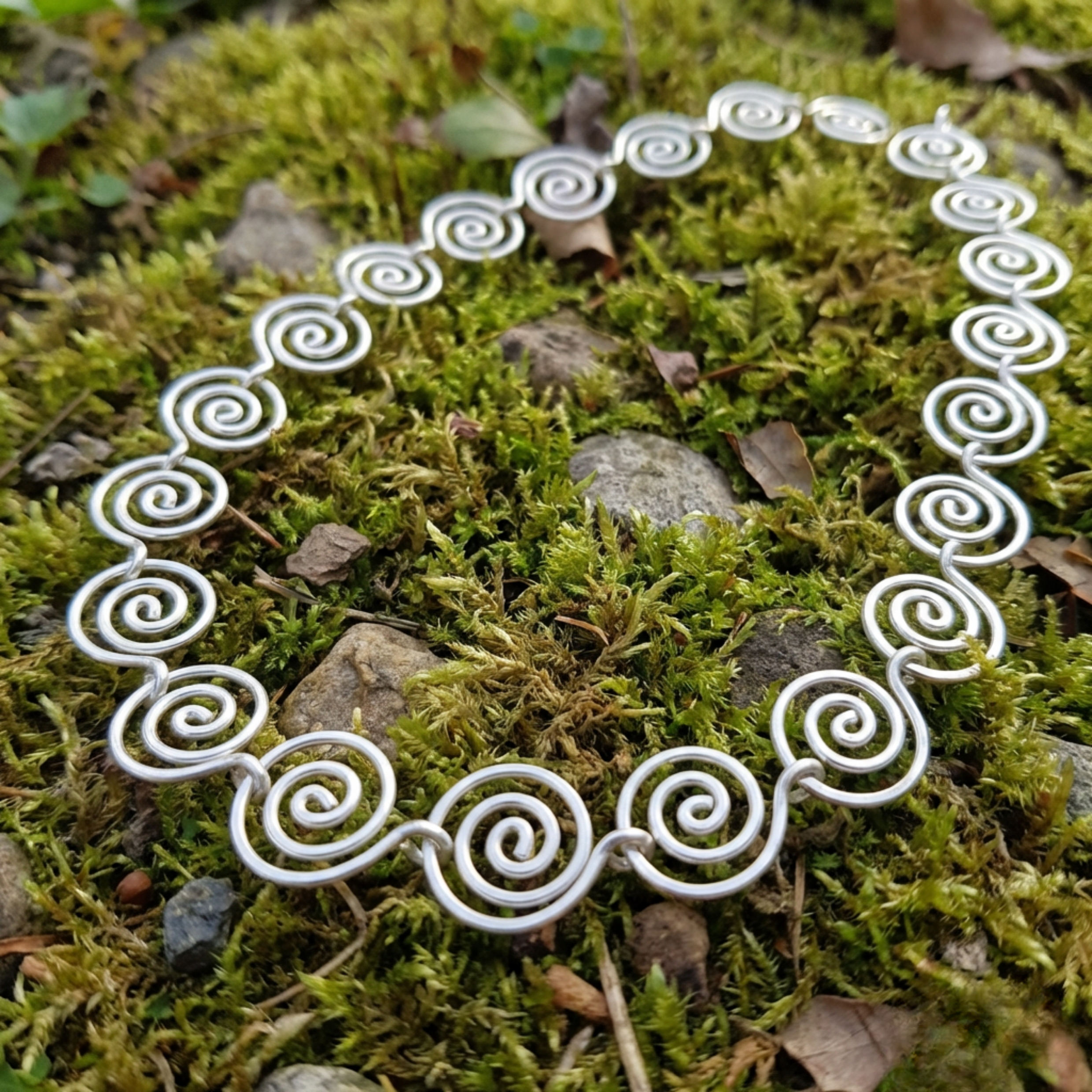 Statement Silver spiral necklace on a mossy surface