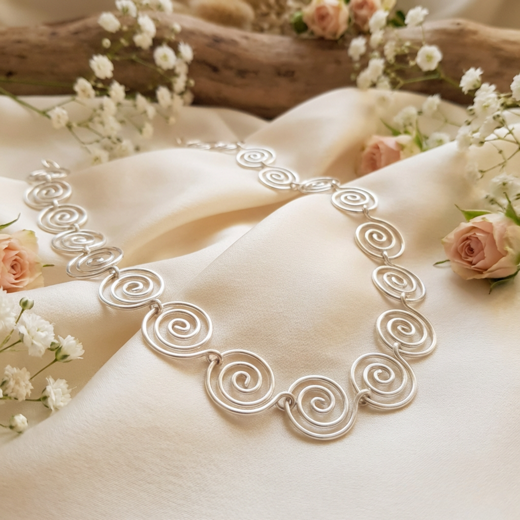 Silver necklace with floral and wooden background