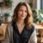 Woman with wavy hair wearing a necklace in a casual indoor setting