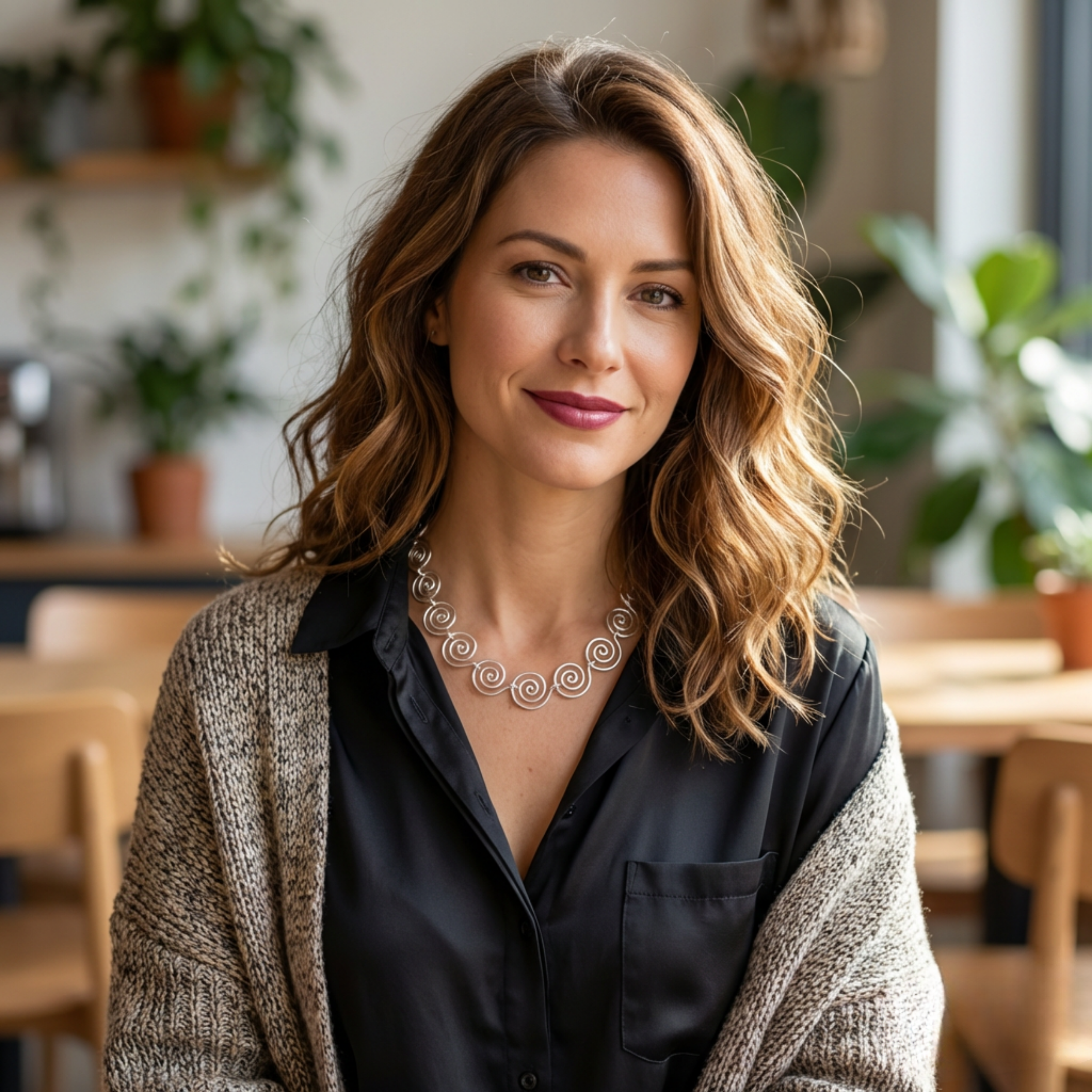 Woman with wavy hair wearing a necklace in a casual indoor setting