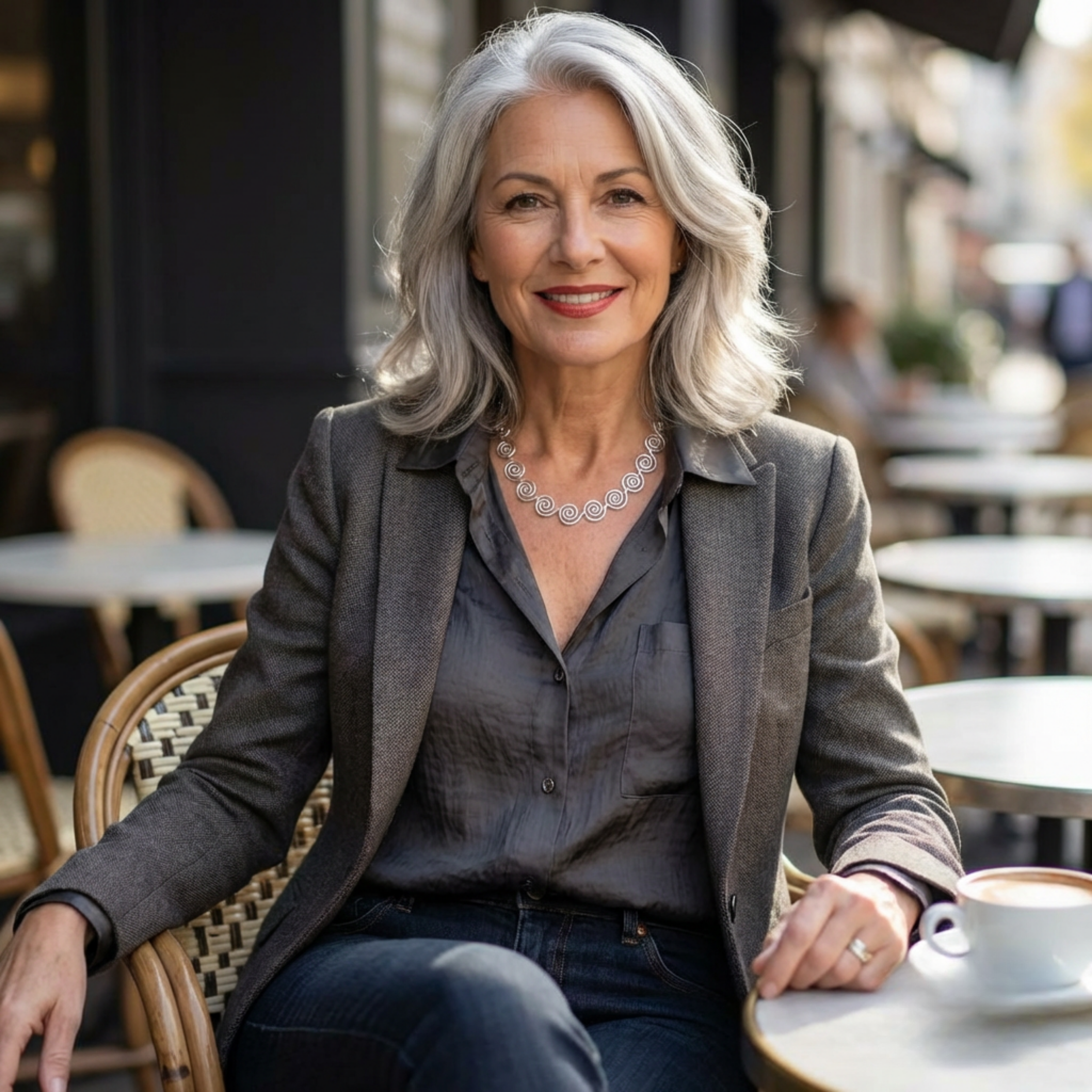 Woman with gray hair sitting at an outdoor cafe table. Wearing a silver spiral necklace