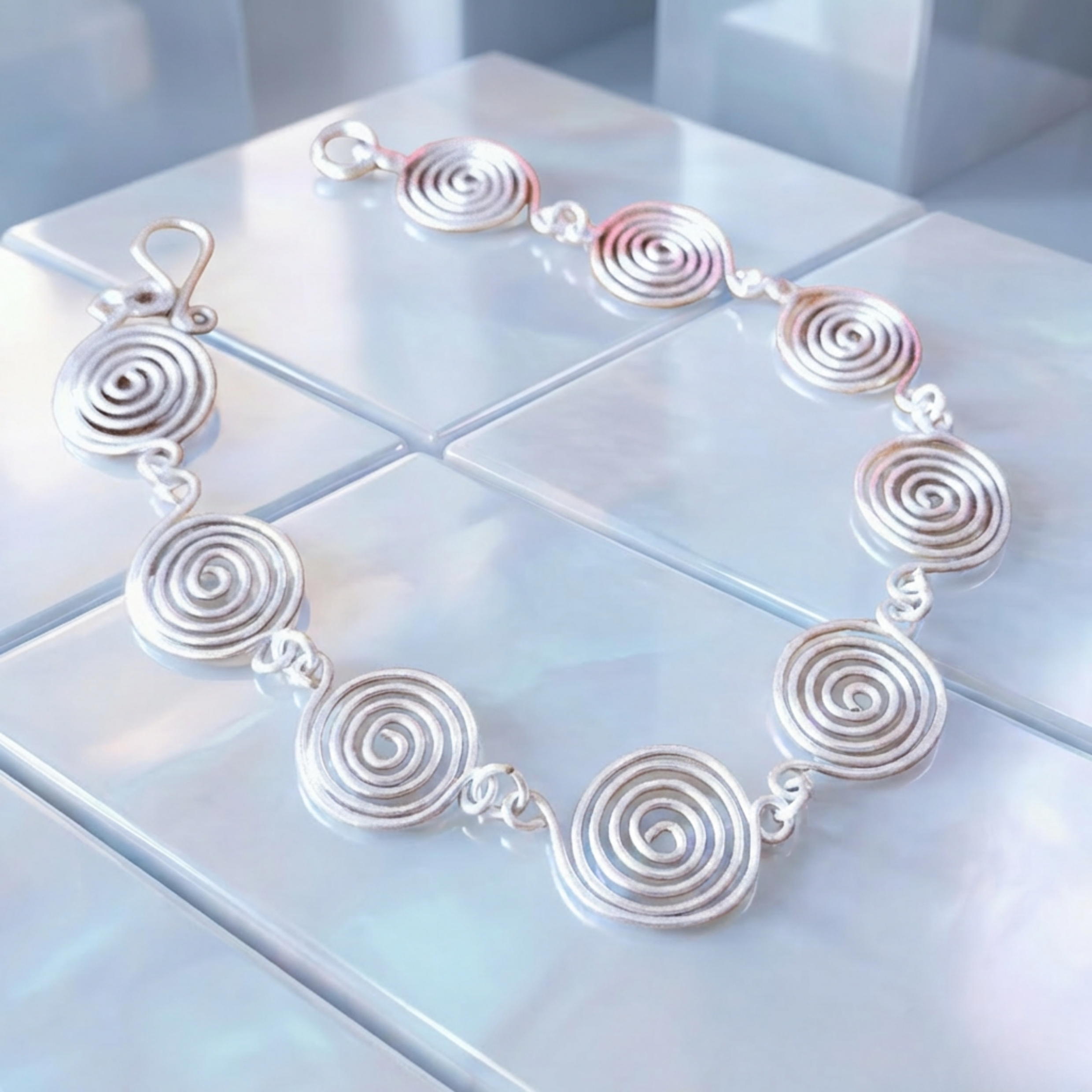 Open silver spiral bracelet flat lay, artisan wire jewellery, Wildform UK