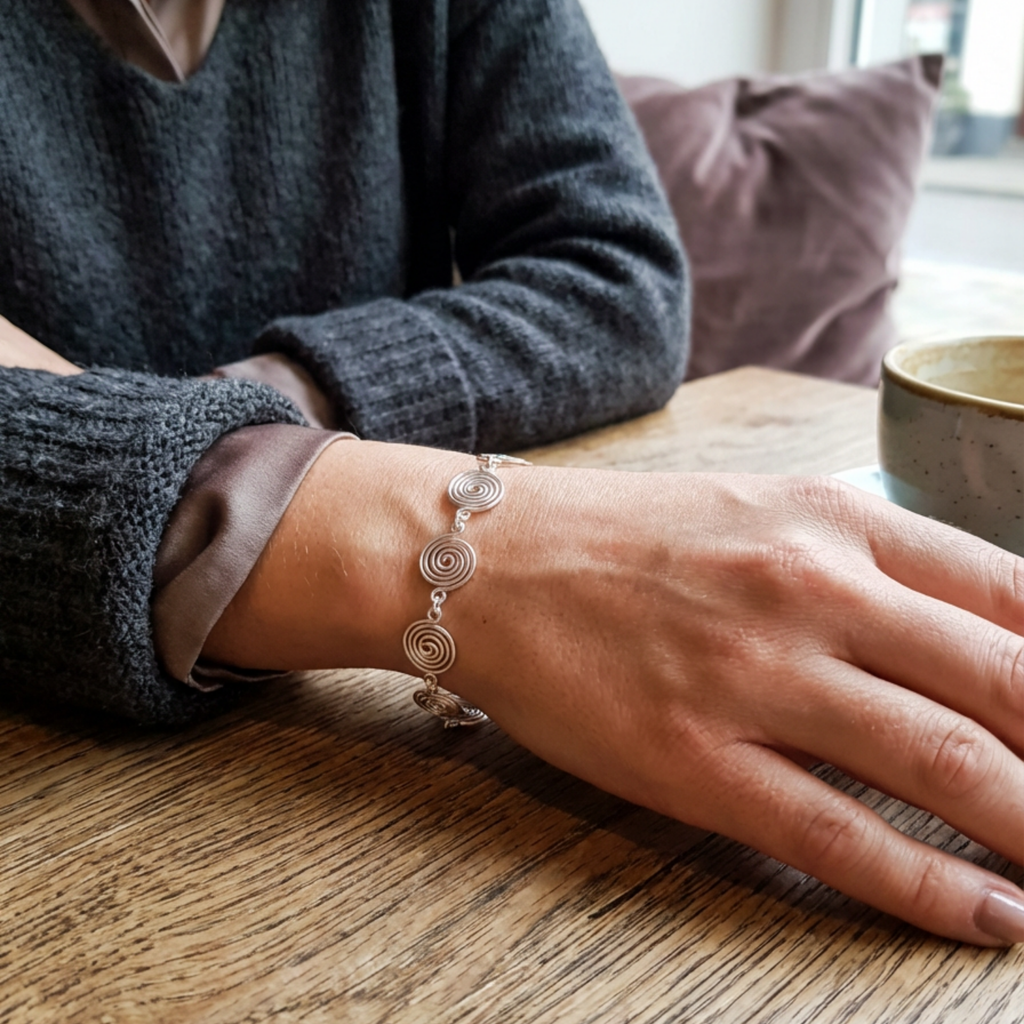 Person wearing a silver bracelet on a wooden table with a blurred background