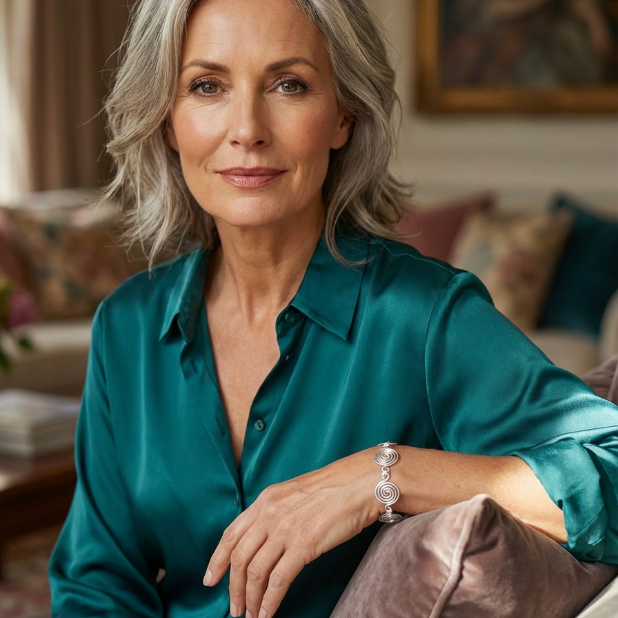 Woman in a teal shirt sitting in a cosy living room. Wearing a silver spiral bracelet
