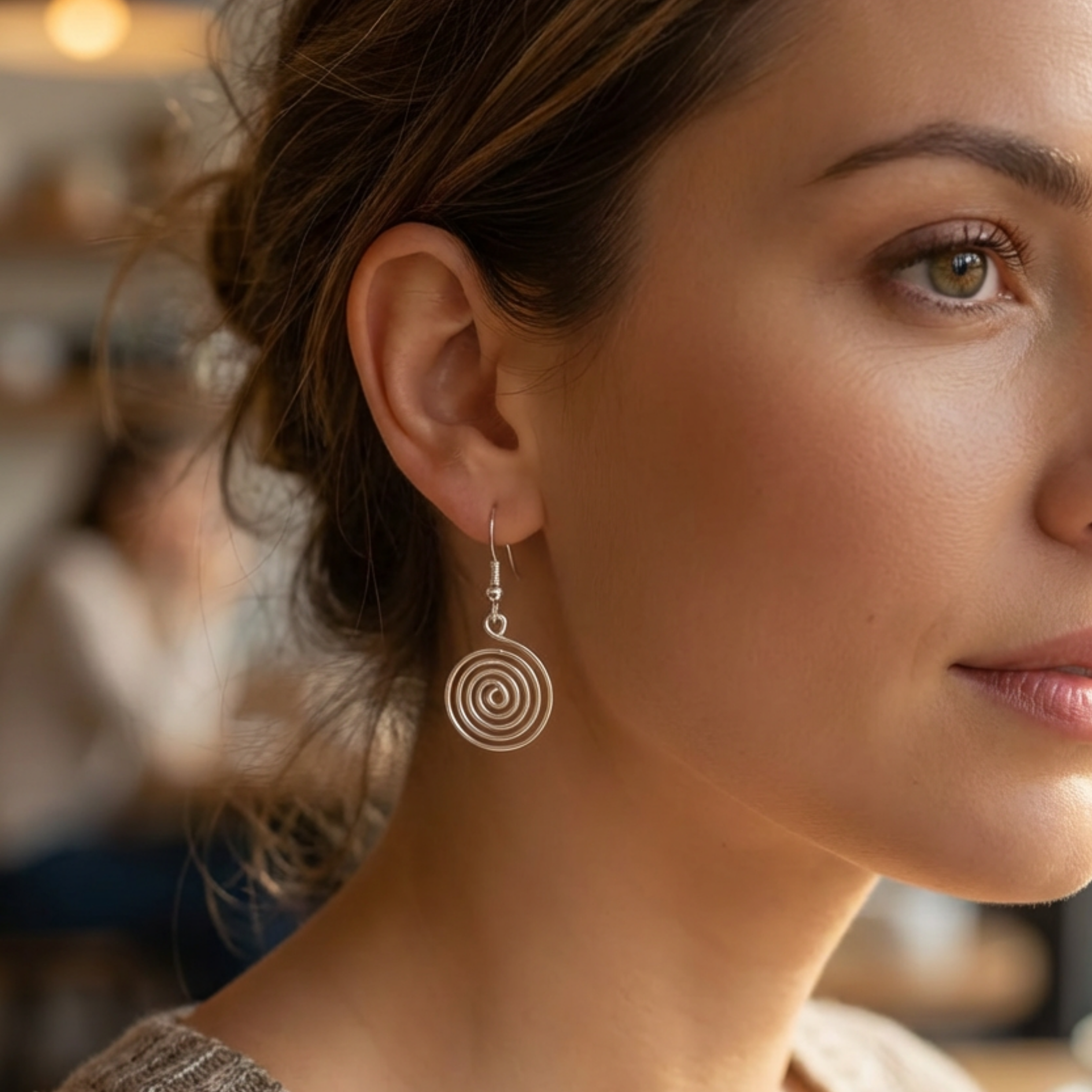 Close-up of a woman wearing a silver spiral earring with a blurred background