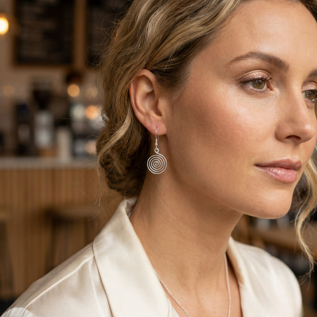 Close-up of a woman wearing a silver spiral earring indoors.