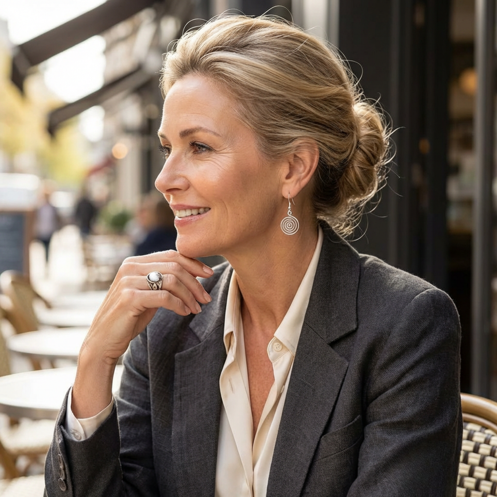 Woman sitting outdoors, wearing a grey blazer and white shirt and silver spiral earrings, with blurred background