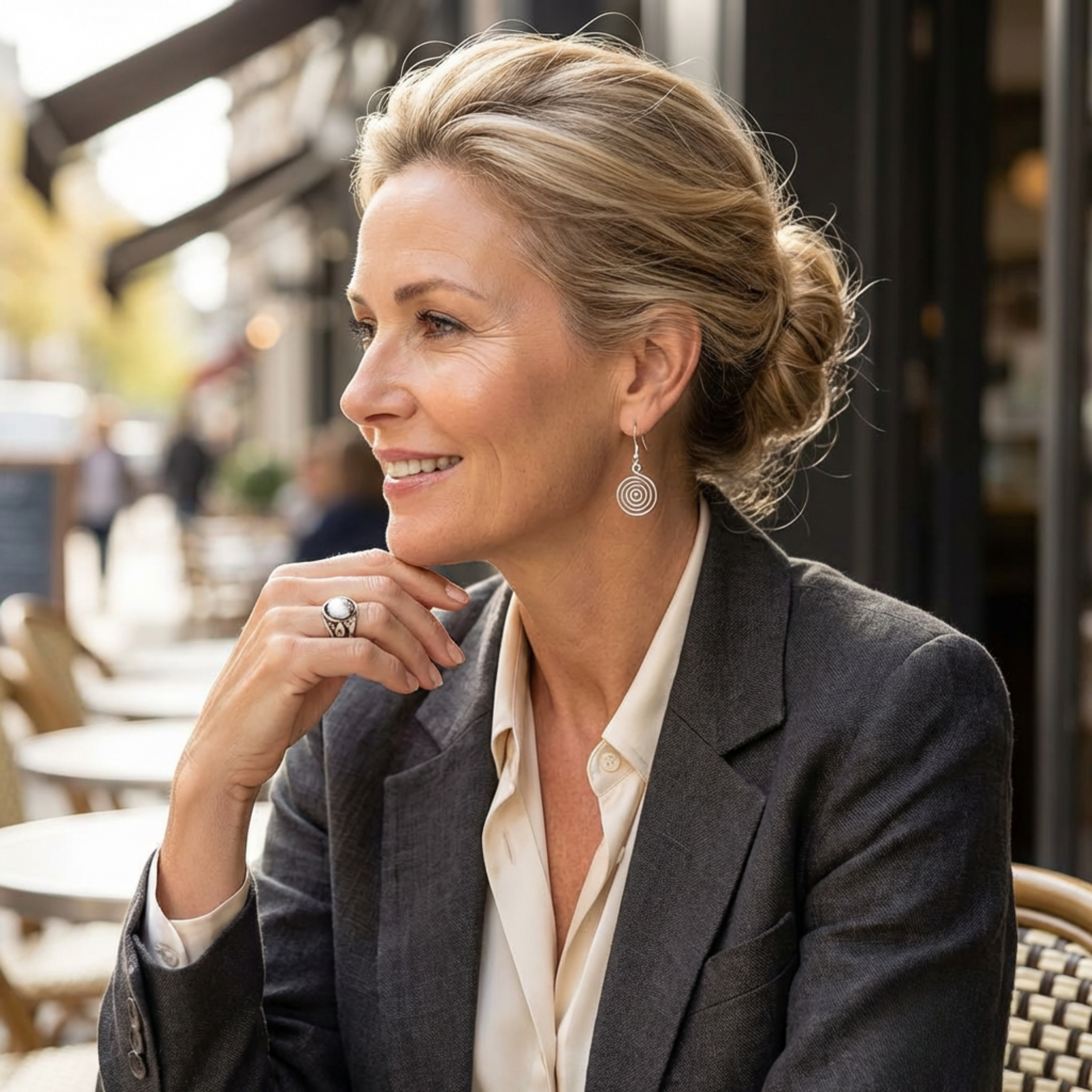 Woman sitting outdoors, wearing a grey blazer and white shirt and silver spiral earrings, with blurred background