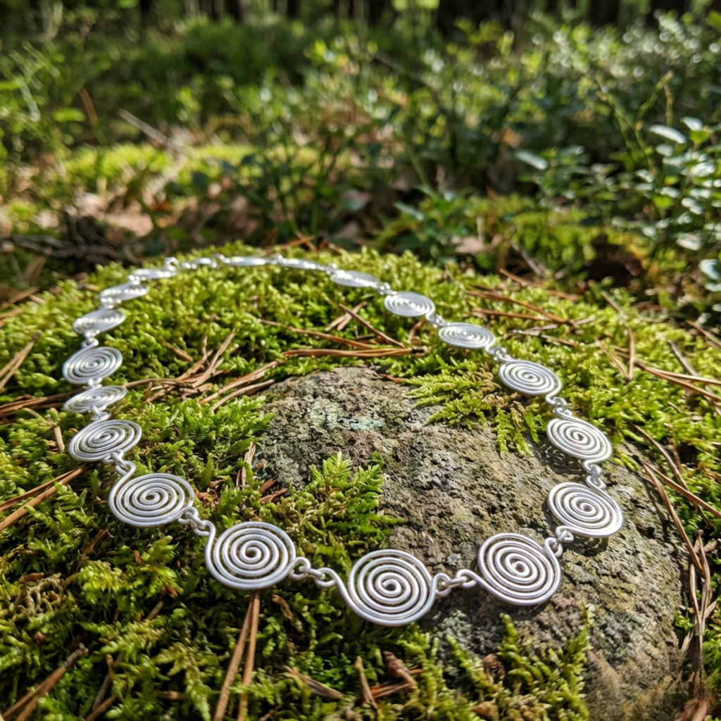 Silver necklace with circular patterns on a mossy stone in a forest setting