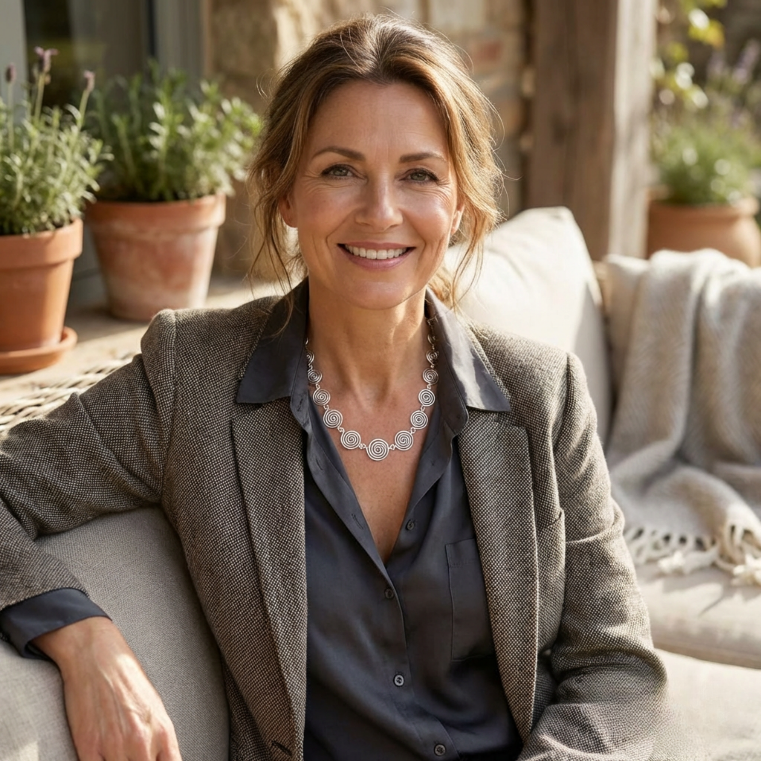 Woman sitting on a couch outdoors with potted plants in the background wearing a open silver spiral necklace