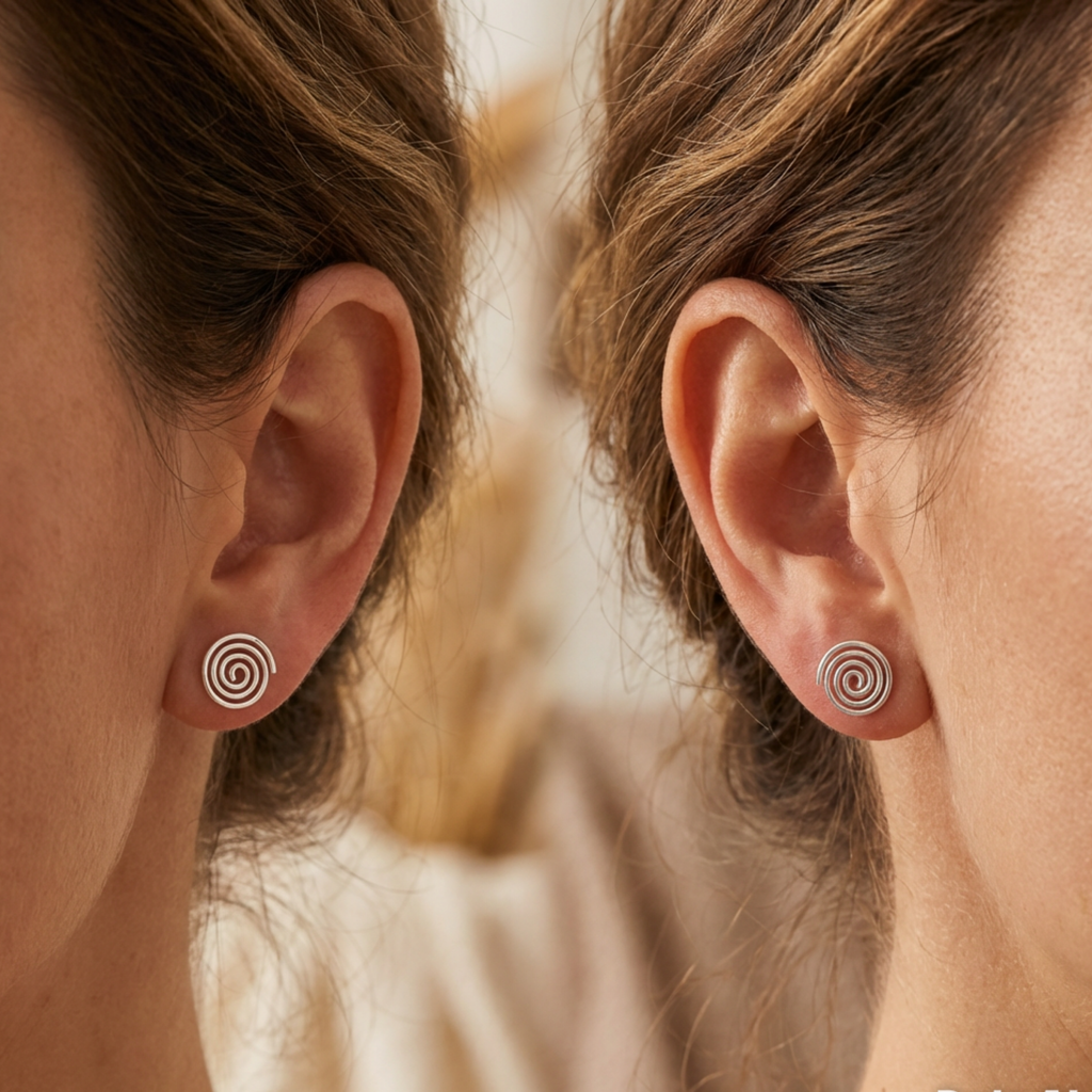 Close-up of a person wearing spiral earrings with a blurred background