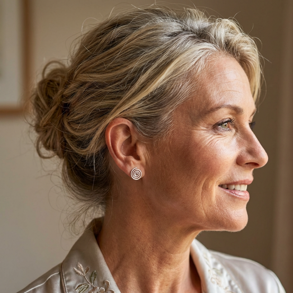 Woman with styled hair and spiral stud earrings, wearing a light-coloured top.