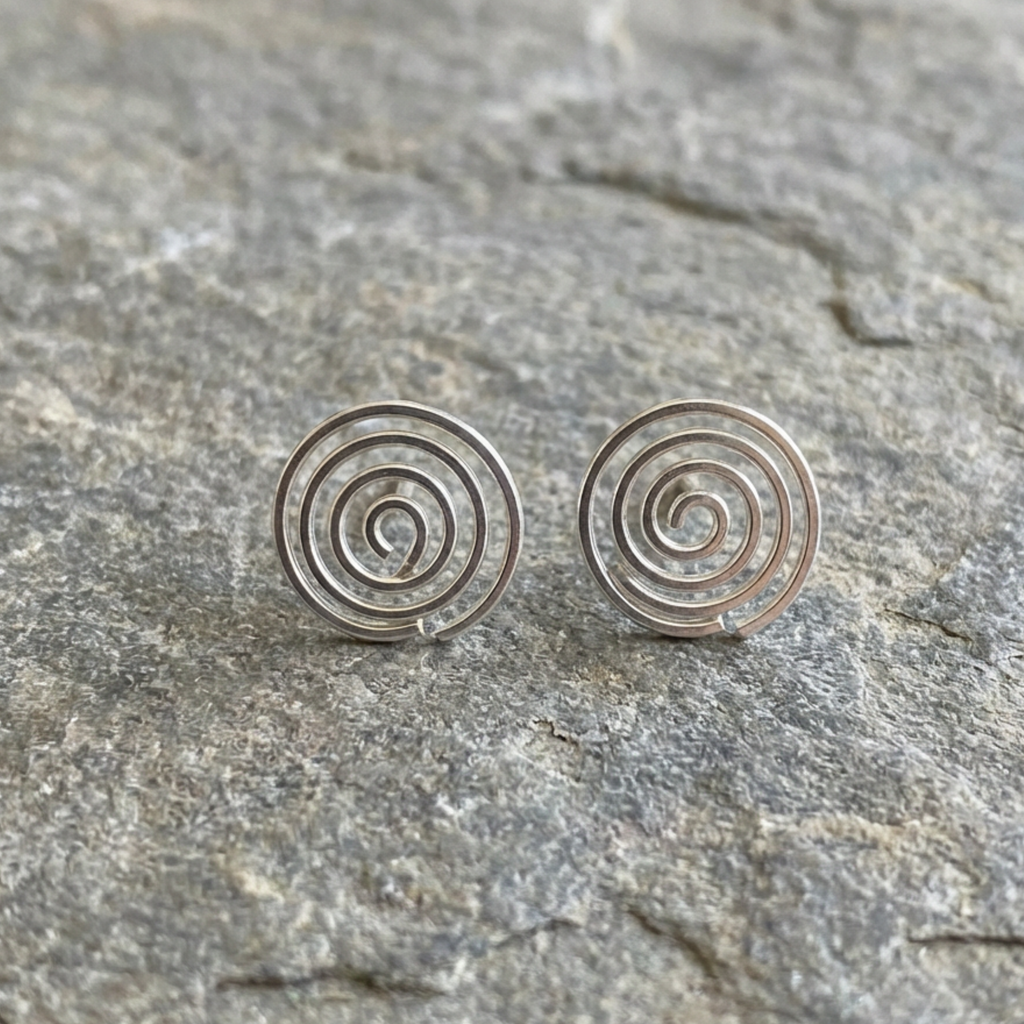 Silver spiral earrings on a stone surface