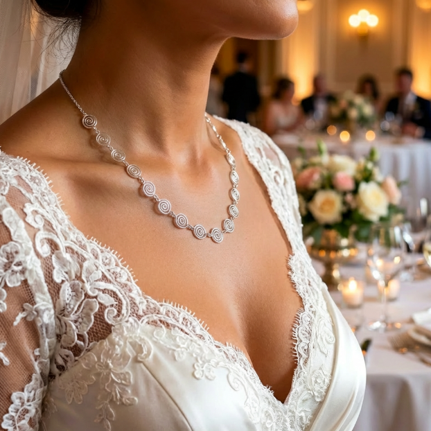 Close-up of a bride wearing a silver spiral and chain necklace with a blurred wedding reception background