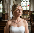 Woman in a white dress standing in a church with stained glass windows. Wearing a half chain silver open spiral necklace