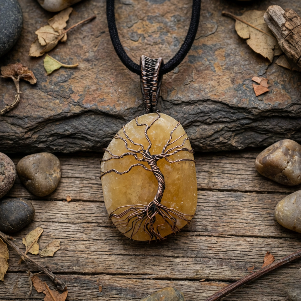 Stone pendant with tree design on a wooden surface with stones and leaves