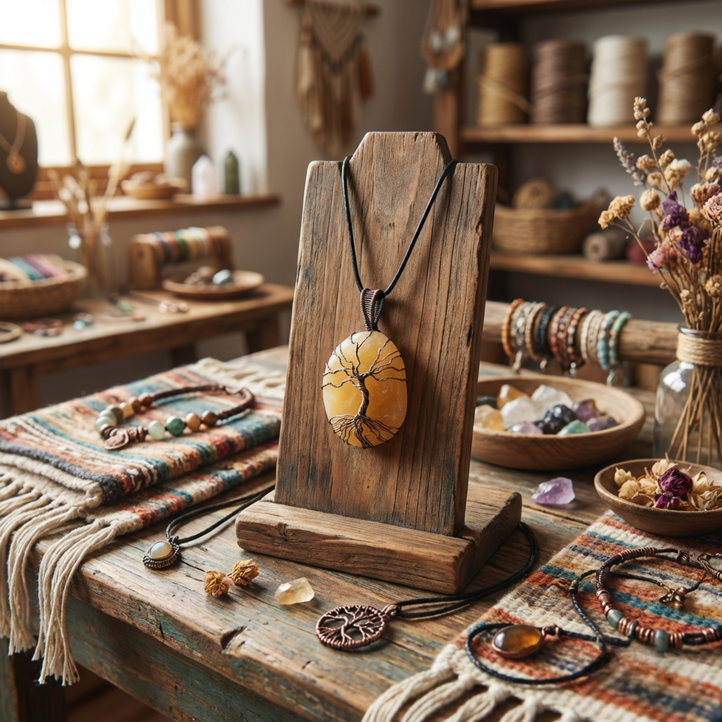 Necklace with a yellow pendant on a wooden stand in a jewelry store setting.