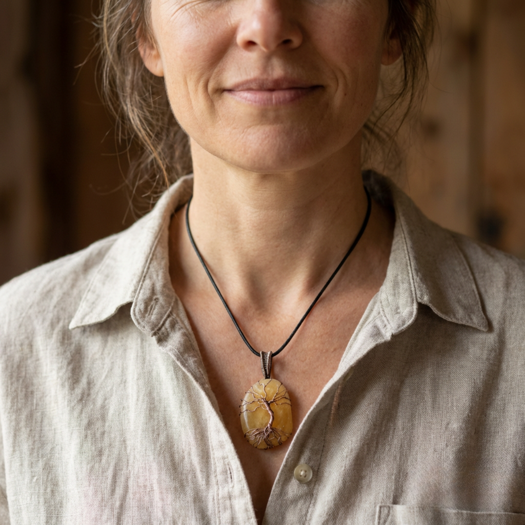 Woman wearing a necklace with a large pendant against a blurred background