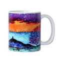Mug with a colourful abstract design of Glastonbury Tor in Somerset on a white background