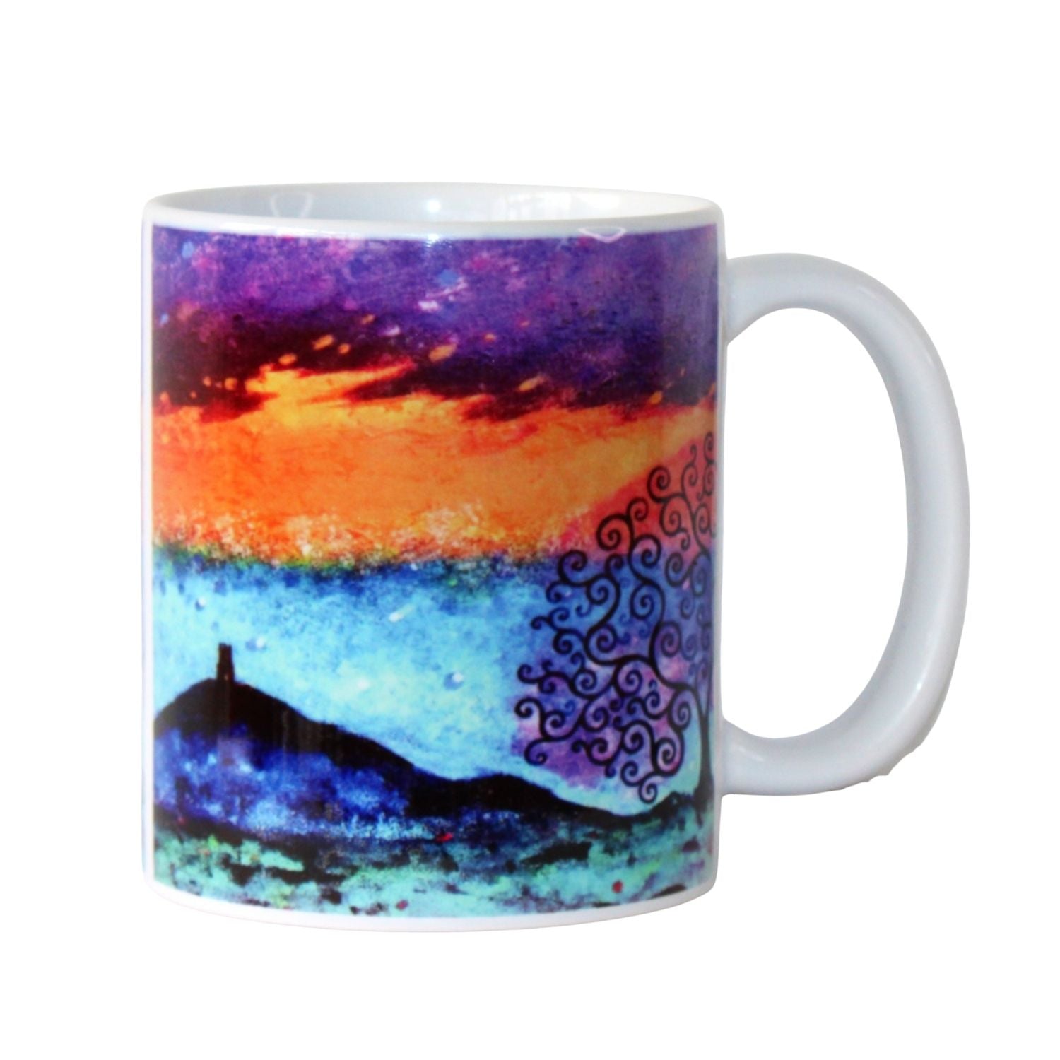 Mug with a colourful abstract design of Glastonbury Tor in Somerset on a white background