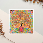 Colourful abstract tree of life artwork on a white background with decorative elements.