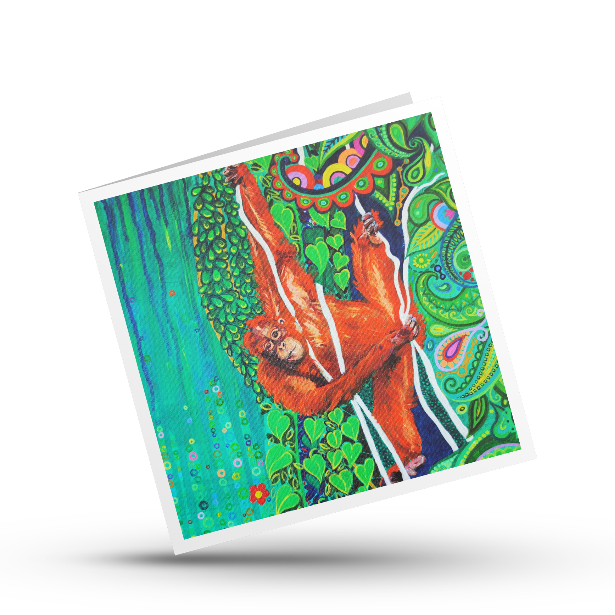 Colourful greeting card with an orangutan design on a white background