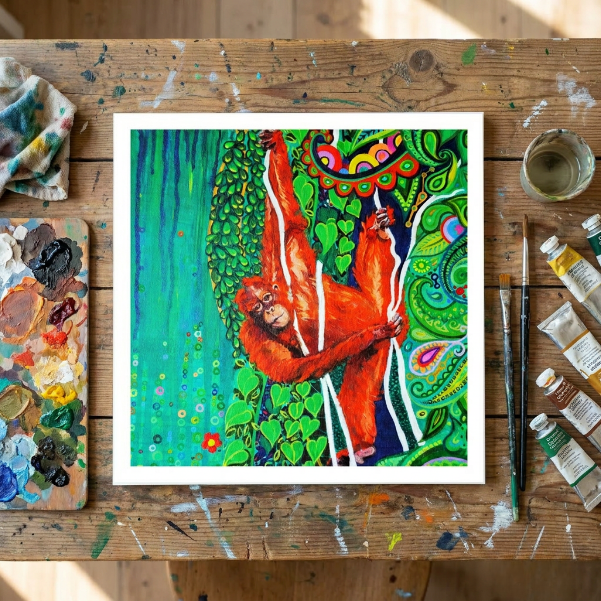 Colourful painting greeting card of an orangutan on a wooden table with art supplies