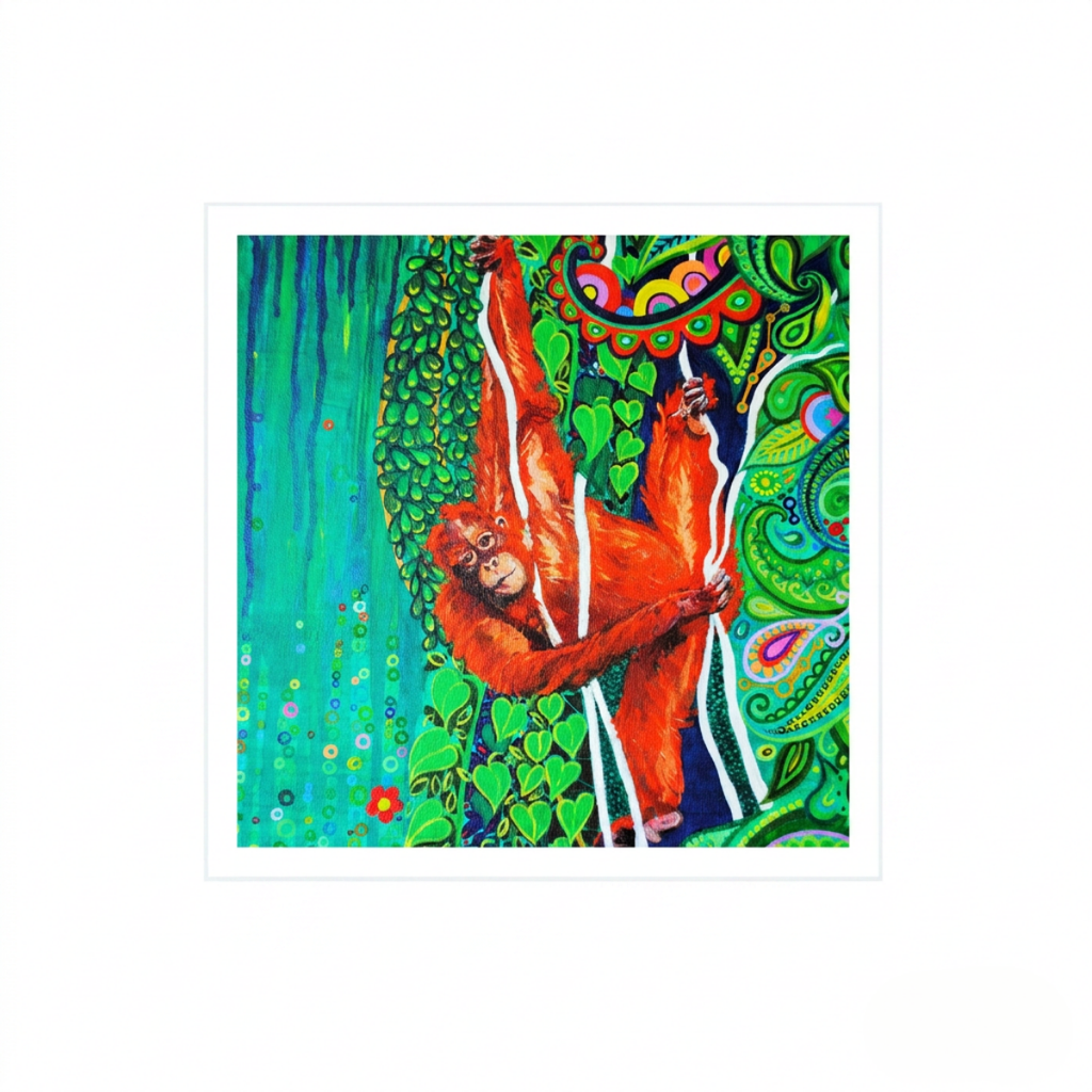 Colourful artwork of an orangutan on a abstract background
