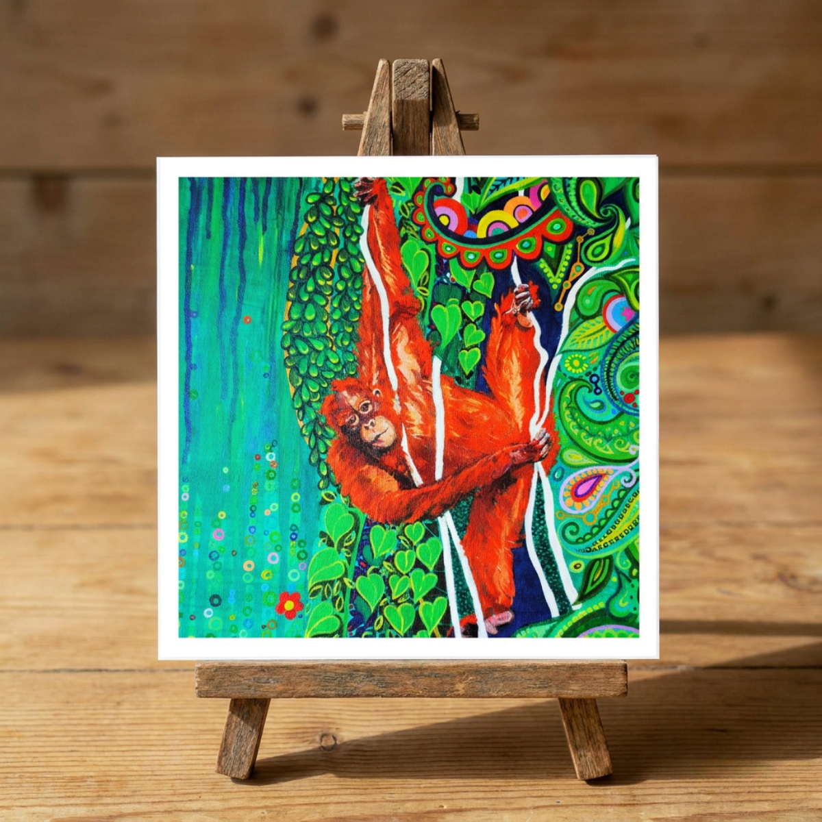 Colourful greeting card of a painting of an orangutan on a wooden easel with a wooden background
